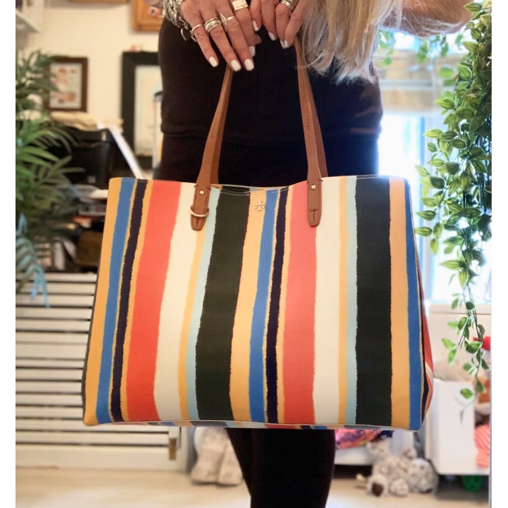 Tory Burch designer tote bag, rainbow multicolor purse with expandable sides
